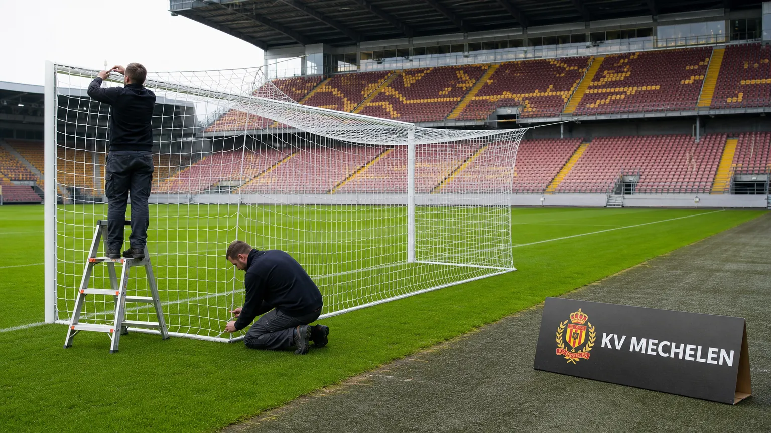 Stadionmedewerkers bereiden een voetbalveld in Mechelen voor met een discreet KV Mechelen-bord langs de rand.