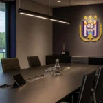 Vergaderruimte in het trainingscomplex van RSC Anderlecht in Neerpede.