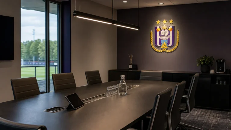 Vergaderruimte in het trainingscomplex van RSC Anderlecht in Neerpede.