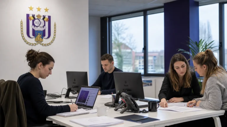 Communicatiemedewerkers in een kantoor van RSC Anderlecht tijdens een officiële clubaankondiging.