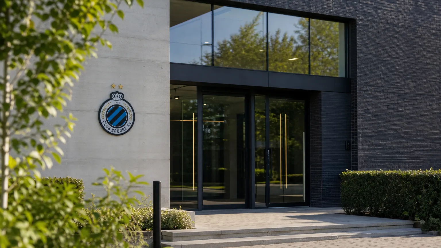 Ingang van het clubgebouw van Club Brugge met een discreet clubembleem.