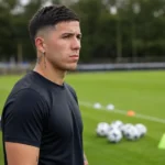 Enzo Fernández in neutrale trainingskleding naast een trainingsveld.