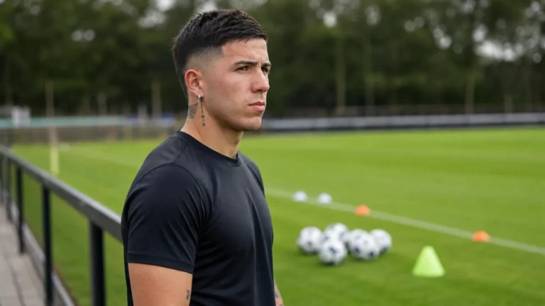 Enzo Fernández in neutrale trainingskleding naast een trainingsveld.