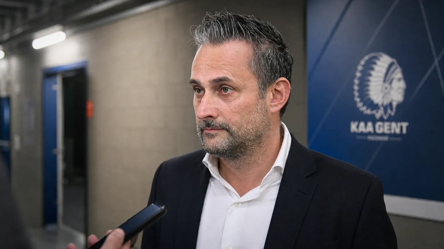 Sam Baro spreekt na de Europese kwalificatie van KAA Gent met een journalist.
