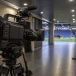 Uitzendcamera in de mixed zone van een Noors stadion na een Europese wedstrijd.