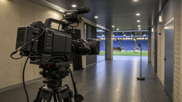 Uitzendcamera in de mixed zone van een Noors stadion na een Europese wedstrijd.