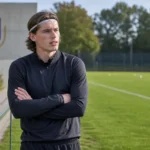Lucas Hey staat in neutrale sportkleding naast een trainingsveld van RSC Anderlecht.