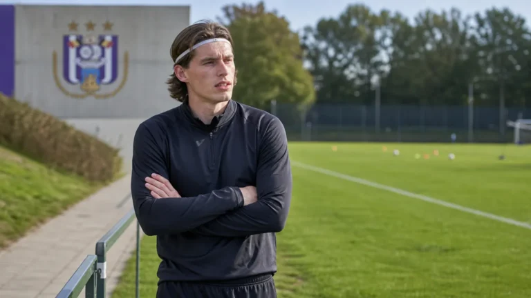 Lucas Hey staat in neutrale sportkleding naast een trainingsveld van RSC Anderlecht.