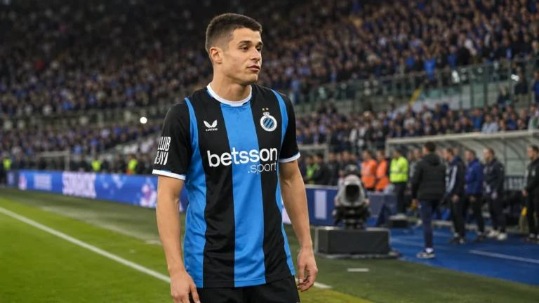 Nicolò Tresoldi in een zwart-blauw shirt op het veld in een voetbalstadion.