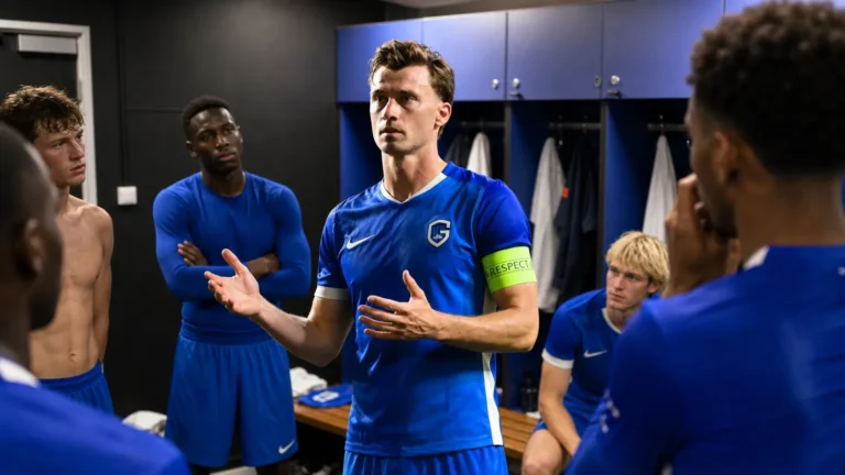 Bryan Heynen spreekt zijn ploegmaats toe in de kleedkamer van KRC Genk.