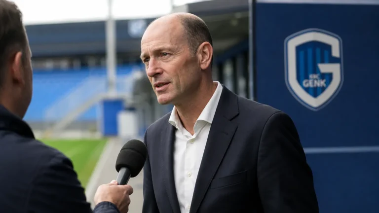 Jess Thorup spreekt geconcentreerd met een journalist in een perszone naast het veld.