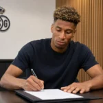 Kevin Rodríguez ondertekent zijn nieuwe contract bij Union in een clubkantoor.