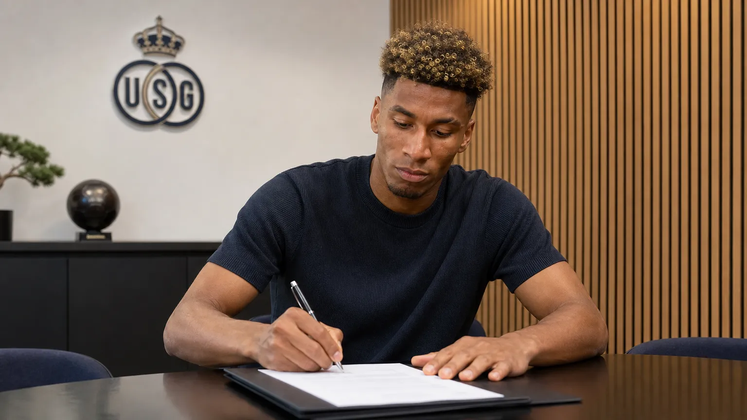 Kevin Rodríguez ondertekent zijn nieuwe contract bij Union in een clubkantoor.