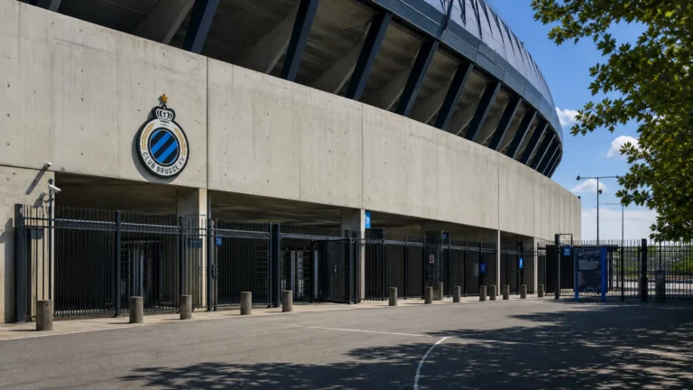 De ingang van het Club Brugge-stadion met een discreet clubembleem aan de gevel.