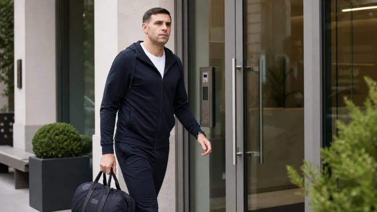 Emiliano Martínez bij de ingang van een medische kliniek in Londen.