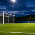 Verlicht voetbalveld met een discreet KRC Genk-bord langs de zijlijn.