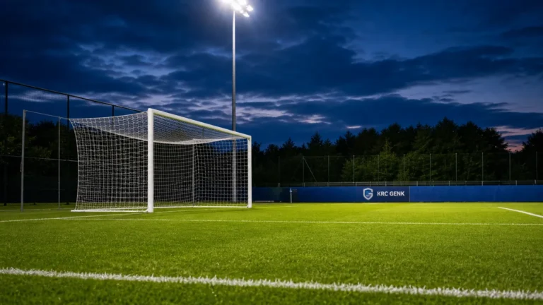 Verlicht voetbalveld met een discreet KRC Genk-bord langs de zijlijn.
