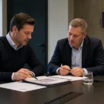 Clubmedewerkers overleggen in een vergaderruimte van RSC Anderlecht.
