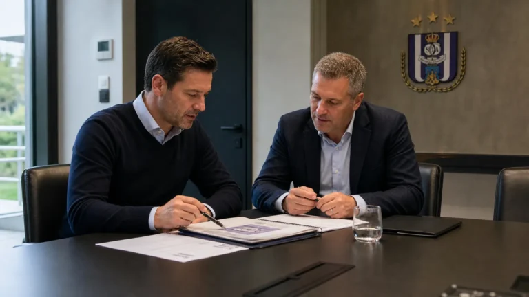 Clubmedewerkers overleggen in een vergaderruimte van RSC Anderlecht.