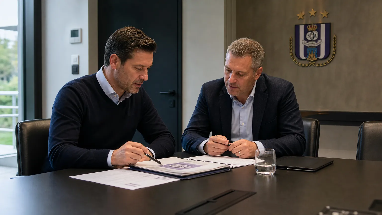 Clubmedewerkers overleggen in een vergaderruimte van RSC Anderlecht.