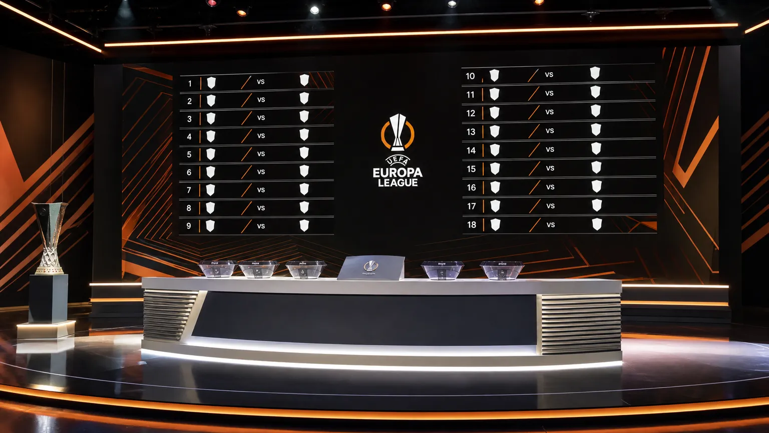 Een Europa League-lotingsstudio met een officieel wedstrijdbord op de achtergrond.