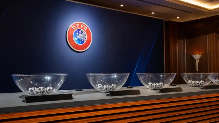 Lotingstafel voor de Europa League in een UEFA-lotingszaal in Monaco.