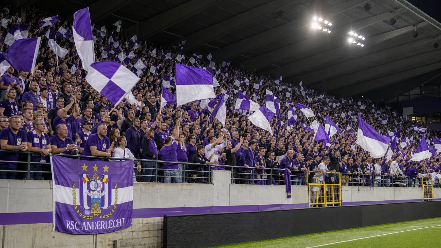 Supporters van RSC Anderlecht met paars-witte vlaggen op de tribune van het Lotto Park.
