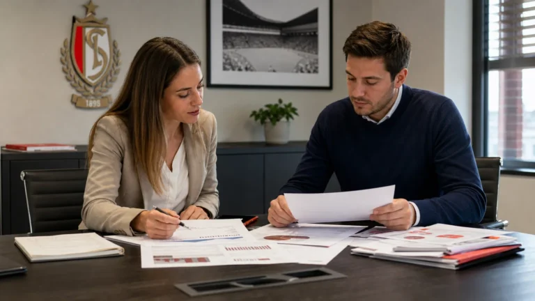 Medewerkers bespreken documenten in een kantooromgeving van Standard Luik.