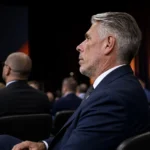 Michael Verschueren kijkt aandachtig toe in een zaal tijdens de Europa League-loting.