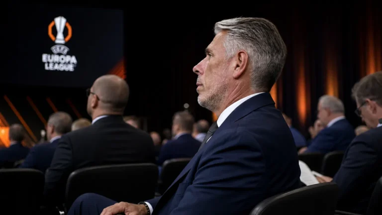 Michael Verschueren kijkt aandachtig toe in een zaal tijdens de Europa League-loting.
