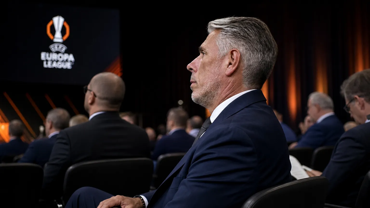 Michael Verschueren kijkt aandachtig toe in een zaal tijdens de Europa League-loting.