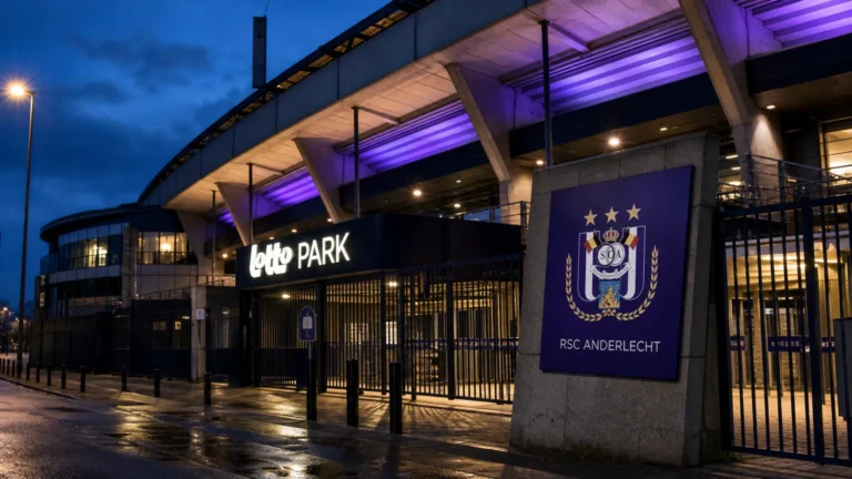 De ingang van het Lotto Park met een discreet RSC Anderlecht-clubanker.