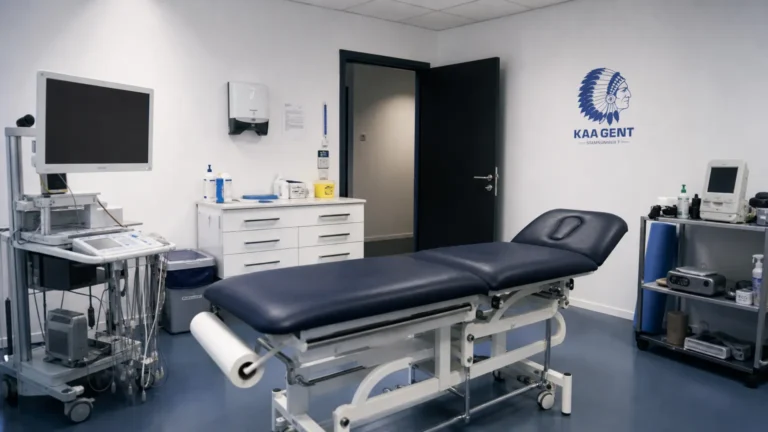 Voorbereide medische testruimte met een discreet KAA Gent-wanddetail.