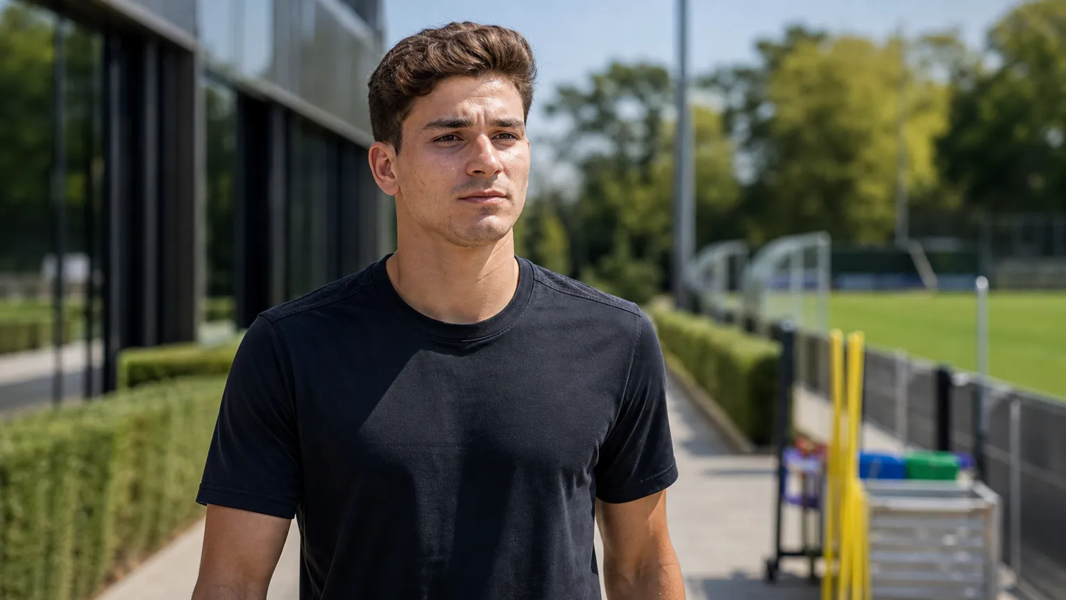Julián Álvarez in neutrale sportkleding bij een trainingscomplex