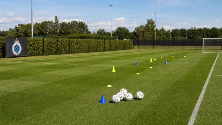 Een oefenveld bij het trainingscomplex van Club Brugge met materiaal voor een individuele proeftraining.