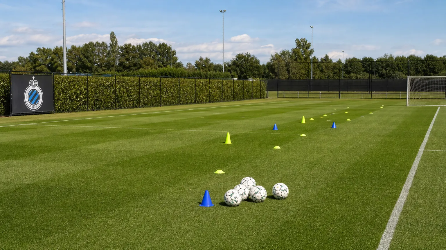 Een oefenveld bij het trainingscomplex van Club Brugge met materiaal voor een individuele proeftraining.