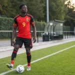 Sekou Diawara in een rood-zwart Belgisch shirt op een voetbalveld.