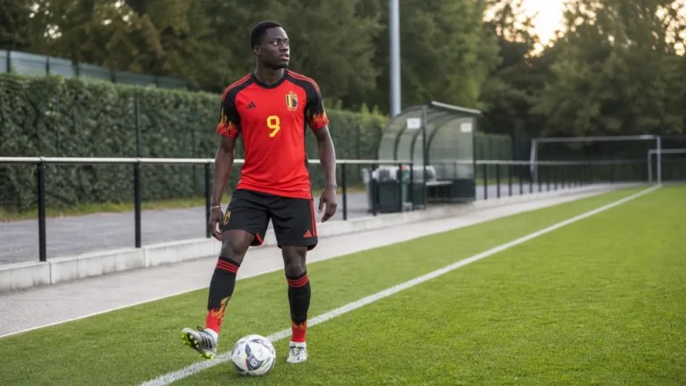 Sekou Diawara in een rood-zwart Belgisch shirt op een voetbalveld.
