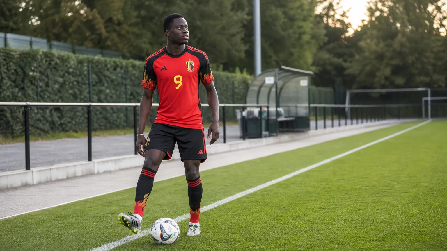 Sekou Diawara in een rood-zwart Belgisch shirt op een voetbalveld.
