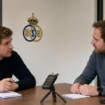 Journalisten in gesprek in een rustige mediazaal met een discreet Union-embleem aan de wand.