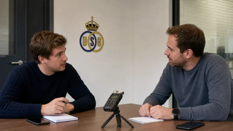 Journalisten in gesprek in een rustige mediazaal met een discreet Union-embleem aan de wand.