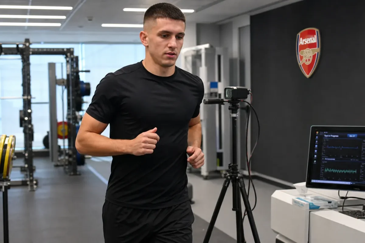 Christos Tzolis tijdens een fysieke test in een trainingsruimte van Arsenal.