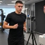 Christos Tzolis tijdens een fysieke test in een trainingsruimte van Arsenal.