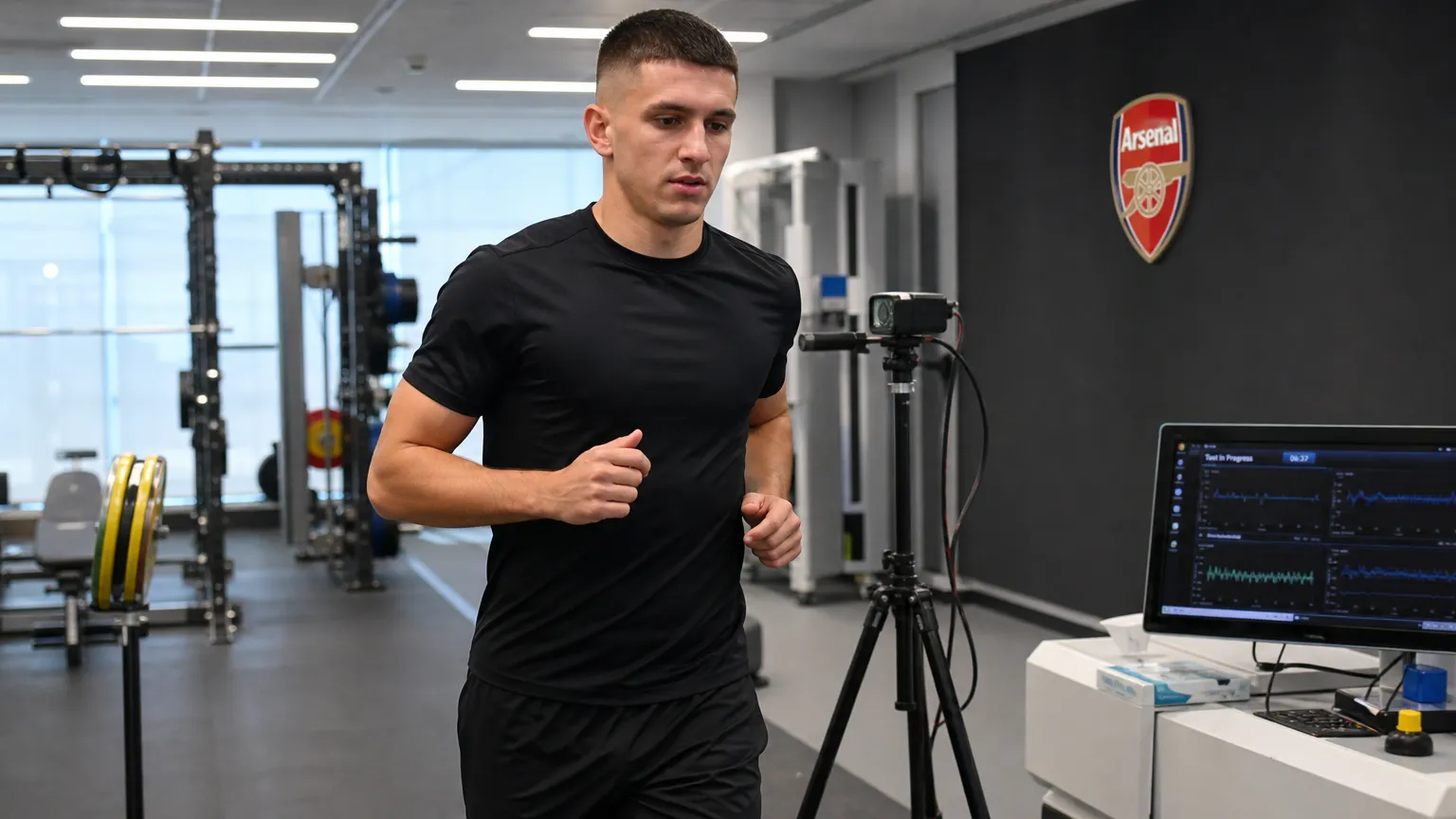 Christos Tzolis tijdens een fysieke test in een trainingsruimte van Arsenal.