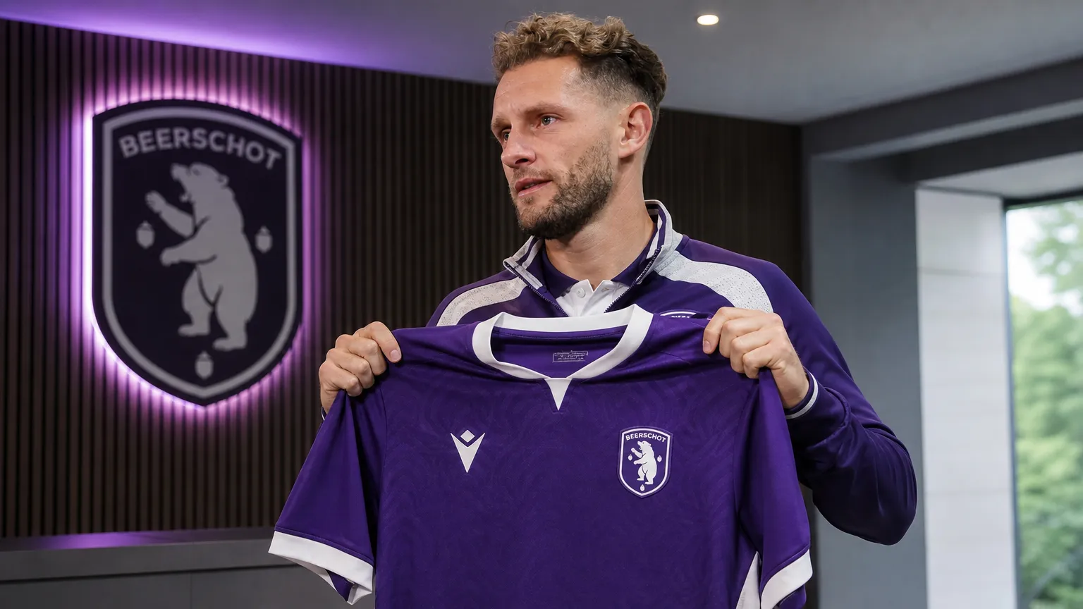 Mats Rits houdt tijdens zijn voorstelling bij Beerschot een shirt vast in de persruimte.