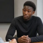 Jesse Bisiwu tijdens een rustig interview in neutrale sportkleding.