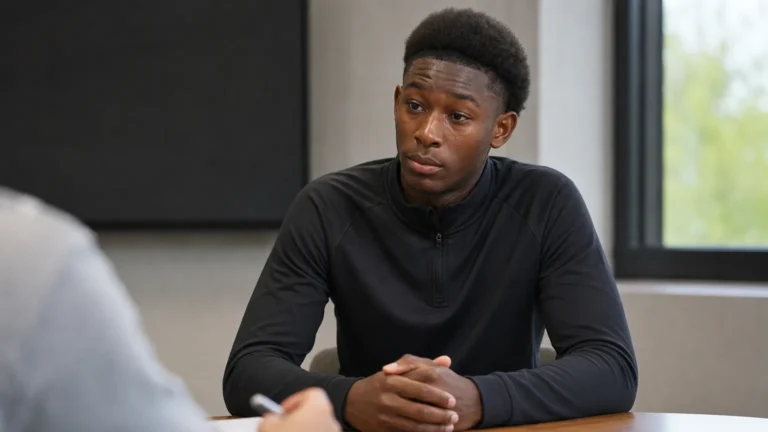 Jesse Bisiwu tijdens een rustig interview in neutrale sportkleding.