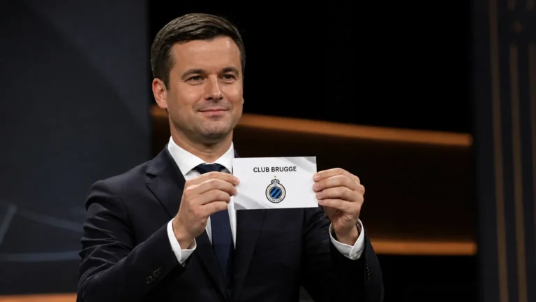 Een official toont een kaart van Club Brugge tijdens een Europese loting.