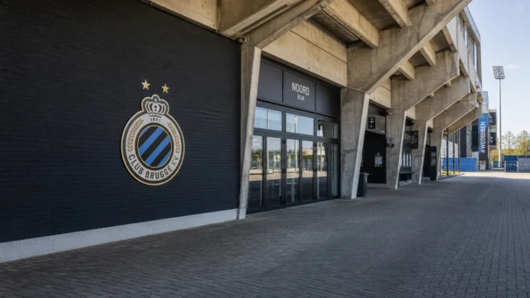 Een open stadionconcourse met een discreet Club Brugge-embleem aan een vaste wand.