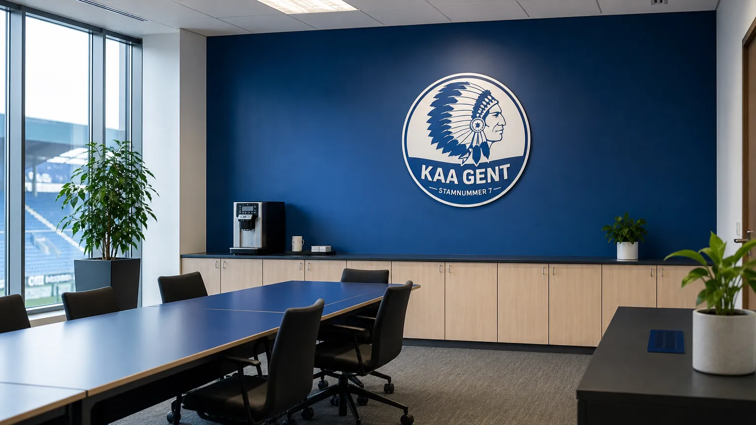 Communicatieruimte van KAA Gent met een authentiek clubembleem op de vaste wand.